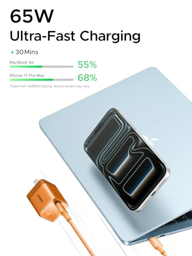 Image of UGREEN Nexode Air 65W USB C Charger, Foldable Mini Charger Block Fast Charging with USB C Cable, GaN Charger for MacBook Air /Neo /Pro, iPhone 17 16, Galaxy S26 /S25, iPad, Orange