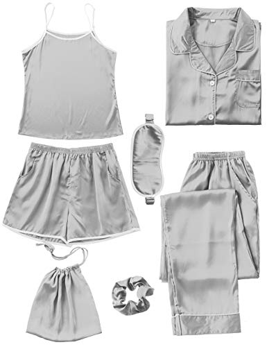 Image of COCOHOME Women's 7pcs Pajama Set Silk Satin Cami Pjs Shorts Sleepwear Button Down Shirt Loungewear(Light Grey,XL)