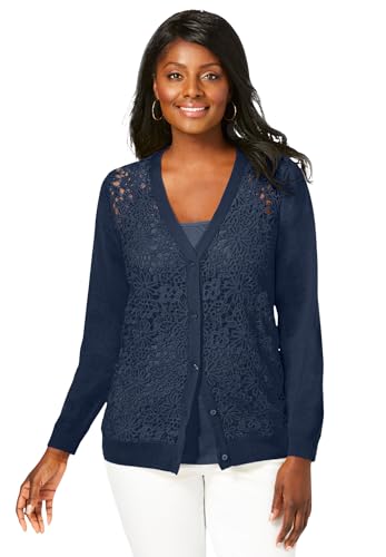 Jessica London Women's Plus Size Crochet Button-Front Cardigan