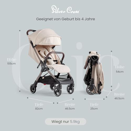 Image of Silver Cross Clic 2024 Airline Approved Cabin Size Travel Stroller /Pram|Foldable & Lightweight |Pull Along Trolly Style|for Newborns, Baby Boy and Girl 0-4yrs Upto 22kgs|Car Seat Compatible - Almond