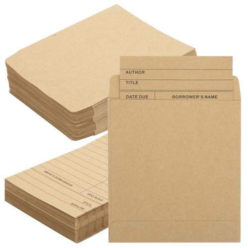 200Pcs Vintage Library Pockets and Cards, Brown Library Check out Cards Library Card Pocket Envelopes for School Office Public Library Books