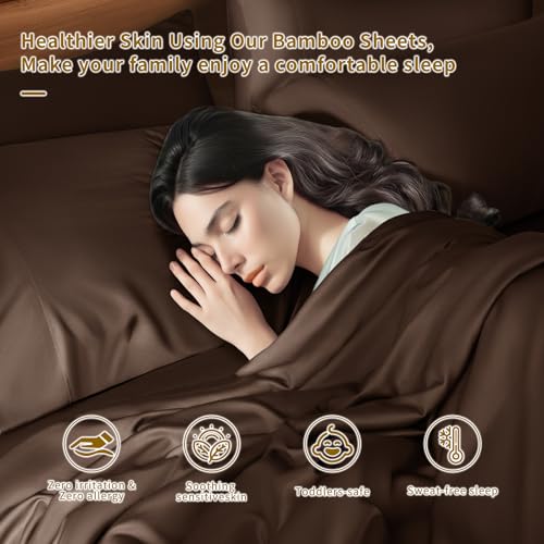 Image of Shilucheng 6 Piece Queen Sheet Sets, Cooling Sheets, Blend Rayon Derived from Bamboo, Deep Pocket Up to 16 inch, Breathable & Soft Bed Sheets, Hotel Silky Bedding Set, Brown