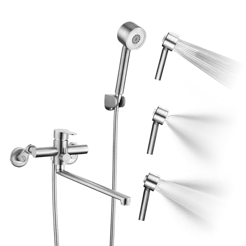 Grifo para bañera de patas con ducha de mano y brazos oscilantes ajustables de 6 pulgadas, montaje en pared, adaptador corto, acabado niquel cepillado miniatura 1
