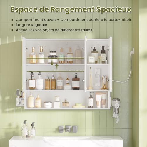 FORABAMB Armario Espejo Baño, Armario baño Pared con iluminación LED y Estación de Carga, Mueble Baño con Cesta de Almacenamiento y Estante Interior Ajustable, Tres Temperaturas de Color, 80x16x70 cm - imagen 5