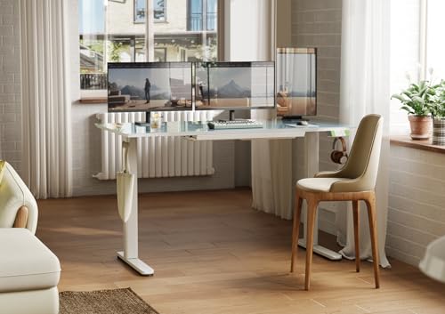 Image of INNOVAR Glass Standing Desk with Drawers 55x24 Inch Morandi Blue