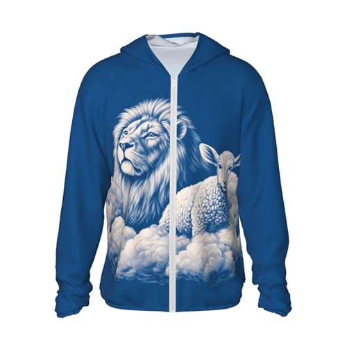 Sun Protection Hoodie Shirt Lamb with A Lion On The Clouds UPF 50+ Long Sleeve Outdoor Rash Guard for Men Women