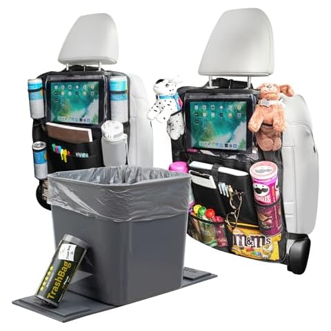 HAUSSIMPLE Gray Car Trash Can with Stability Flap, Trash Bag Rolls, & 2-Pack Car Back Seat Organizer Bundle – Compact, Leak-Proof Trash Bin & Multipurpose Car Storage Solution Cover