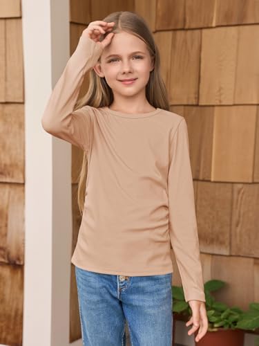 Image of Haloumoning Girls Long Sleeve Shirts Crewneck Ruched Side Slim Fit Tops Ribbed Knit Casual Tee Shirt 4-15 Years