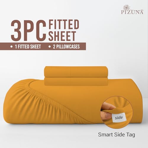 Image of Pizuna 100% Cotton Fitted Bedsheets King Size 400 Thread Count Long Staple Cotton Sateen Fitted Bedsheet 74x78 Inch with 2 Pillow Covers, Honey Gold Elastic Fitted Bedsheets King Size fits 12 Inch