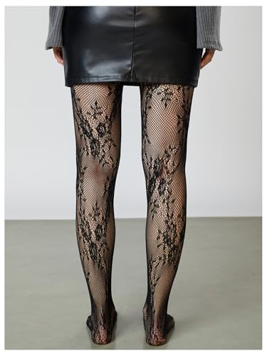 Image of RoseSeek Women's Floral Lace Fishnet Tights Kawaii Y2K See Through Stocking | Sheer Mesh, Lace Tights, Floral Lace Fishnet Tights, Thigh Highs, Leggings, Y2K Stockings