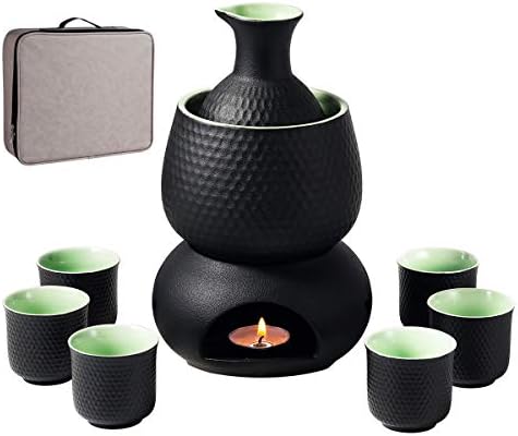Ceramic Sake Set Cups with Warmer Keep Sake Storage Gift Box, Traditional Porcelain Pottery Hot Saki Drink, 9pcs include 1 Stove 1 Warming Bowl 1 200ml Sake Bottle 6 Cup