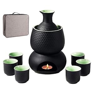 Sake-set en mokken met warmer en geschenkdoos, traditioneel Japans porselein voor warme sake-dranken, 9-delig, inclusief 1 fornuis, 1 warmhoudschaal, 1 sake-fles, 6 kopjes