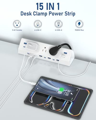 Image of Jgstkcity 130W Desk Clamp Power Strip, 12 USB Ports (6 PD 65W USB-C),Surge Protector,ETL Listed Power Hub Extension Cord,Fast Charging Station for Home Office Desk Edge Mount (White, 12 USB-130W)
