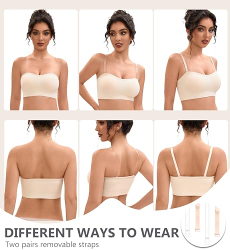 Image of Strapless Bras for Women-Push-Up Non-Slip Bandeau Bra,Seamless Wirefree Padded Tube Top Convertible Straps Bralette Beige