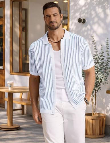 Image of COOFANDY Mens Knit Button Down Shirts Short Sleeve Polo Shirt Vintage Striped Casual Shirts