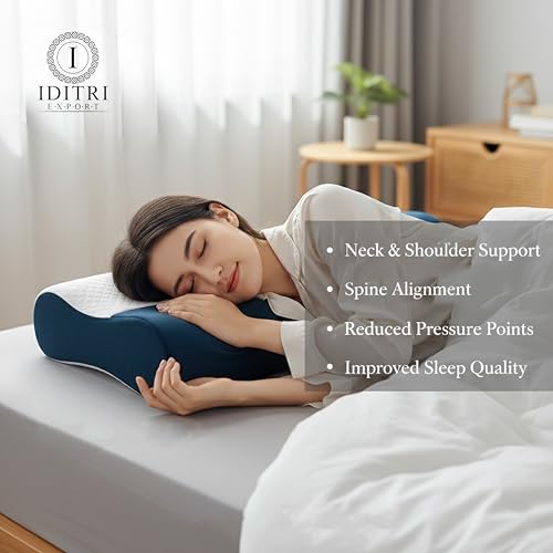 Image of Orthopedic Memory Foam Pillow Set of 2, Cervical Contour for Shoulder Pain Relief, Breathable Jacquard Velvet Cover with Protective Inner Case, Blue, 60 x 35 x 12 cm