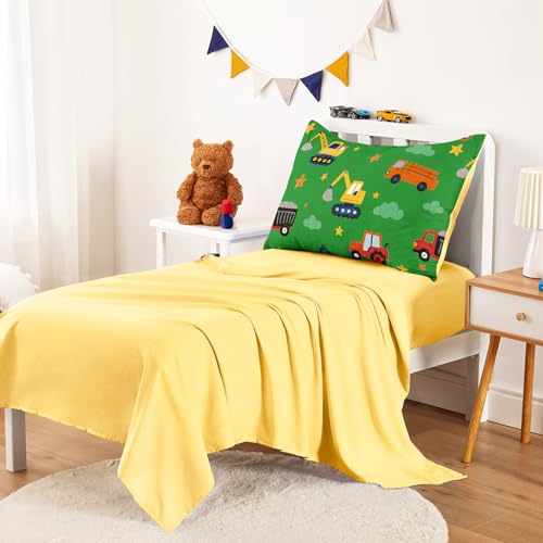 Image of Wake In Cloud - Toddler Bedding Set for Boys, Construction Car Excavator Truck, 4 Pieces Soft Crib Bed Set Including Comforter, Sheets and Pillowcase, Grass Green