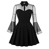 CHARMMA Women's Gothic Peter Pan Collar Keyhole Bell Sleeve Mesh Panel Dress (Black, M)