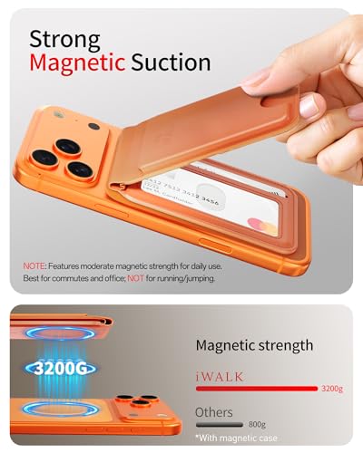 Image of iWALK Stronger Magnetic Wallet, Upgraded for MagSafe Wallet, RFID Blocking, 5 Card Holder with Adjustable Stand, Slim Leather Phone Wallets for iPhone 17 /16 /15 /14 /13 /12 Series, iPhone Wallets Orange