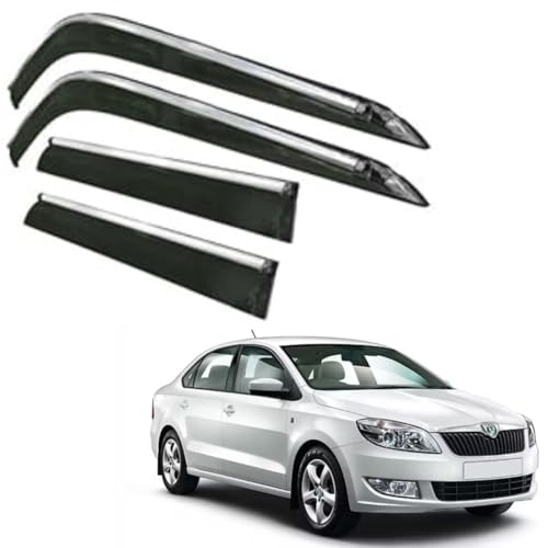Image of CAR SAAZ Side Door Visors for Rapid (2011-2016)(Set of 4Pcs)|Chrome Lined Rain Guards, Polycarbonate, Smoke Finish