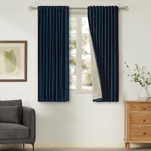 Image of 100% Blackout Navy Blue Velvet Curtains 63 inches for Living Room,2 Panels Back Tab Deep Blue Thermal Insulated Room Darkening Curtain with Liner Noice Reducing Soundproof Window Drapes for Bedroom