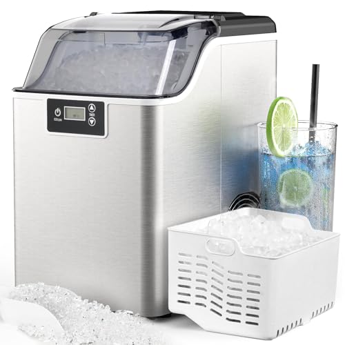 Nugget Countertop Ice Maker with Soft Chewable Pellet Ice, Portable Pebble Ice Machine 33lbs/24H, Self-Cleaning, Sonic Ice, One-Click Operation, for Kitchen, Office- Stainless Steel Silver