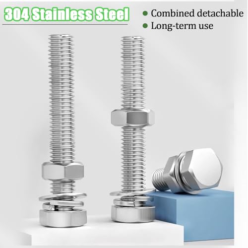 Image of 4 Sets 3 /8-16 x 4 Stainless Steel Hex Head Screws Bolts, Nuts, Flat & Lock Washers,18-8(304) Full Thread