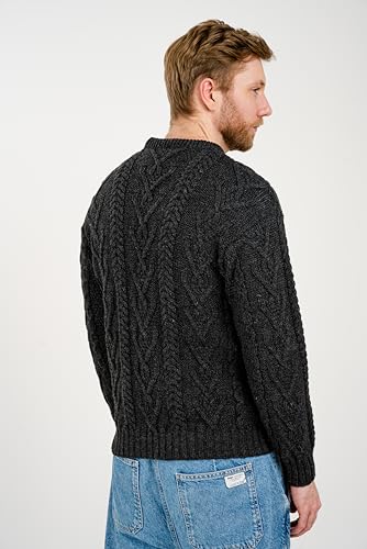 SAOL 100% Merino Wool Men's Irish Traditional Aran Crew Neck Cable Knit Sweater Pullover (Charcoal, XXXLarge)4