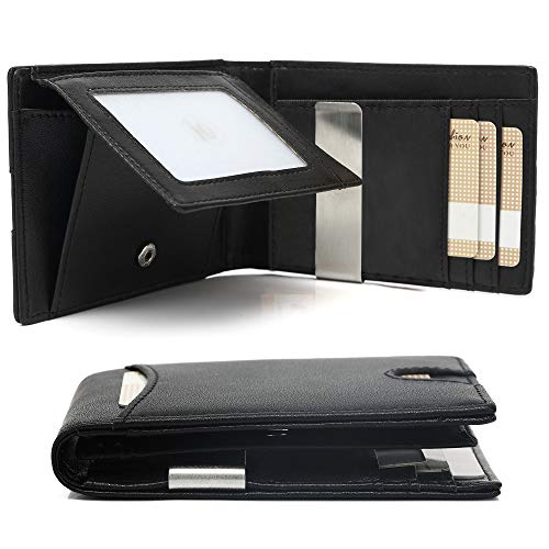 Preisvergleich Produktbild Geldbörse Herren klein mit Münzfach und RFID Schutz Ledergeldbeutel Geldbeutel Portemonnaie Portemonaise Portemonee mit Geldklammer Kartenetui Mini Geldbörse Slim Wallet (Schwarz)