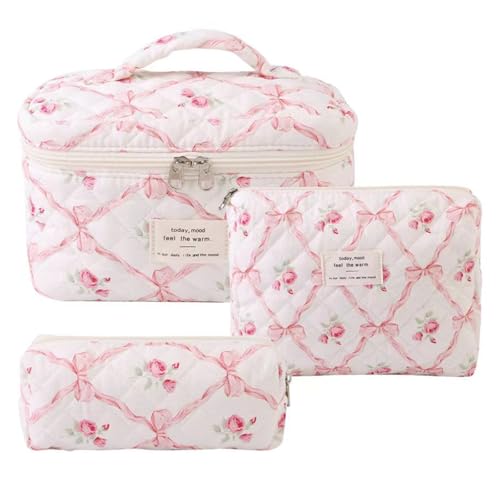 Medium Makeup Bag Quilted Cosmetic Bag, Big Floral Make Up Bag for Women Girls, Cute Cotton Makeup Bag, Flower Travel Toiletry Organizer Bag(Rhombus Pink Flower)
