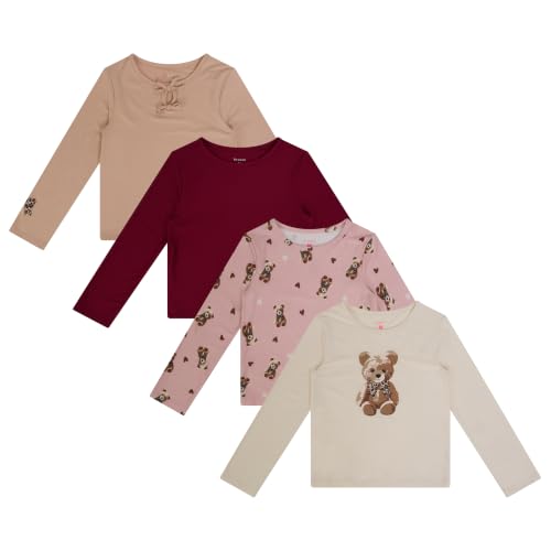 Image of Girls Long Sleeve Fall Graphic Tops, School Sports Tees, 4 Pack Multiple Pattern Tshirts