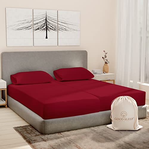 Image of Good Sleep Bedding Split King Sheets Sets for Adjustable Bed, 5 Piece, 100% Egyptian Cotton Bed Sheets for Adjustable Bed, Sateen Weave, 16 Inch Deep Pocket Bed Sheet - Burgundy