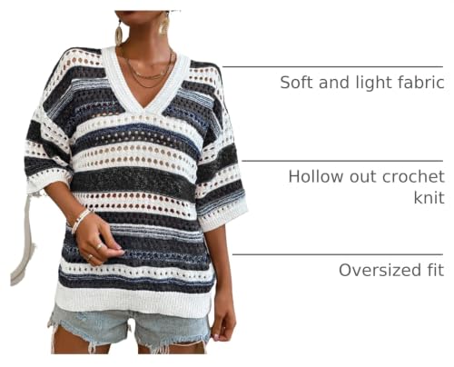 Image of Acelitt Crochet Tops for Women Summer Short Sleeve Sweater | Boho Striped Knit Top, 3 /4 Sleeve, Hollow Out Oversized Sweaters, Lightweight Blouses, Spring Fall Outfits for Beach Vacation