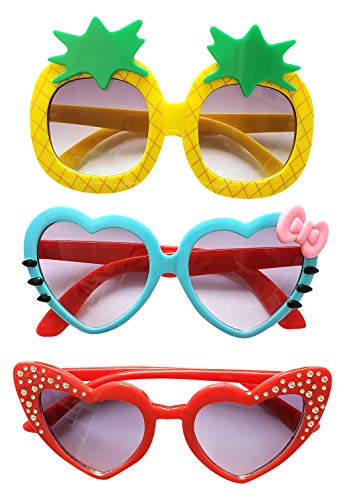 3 PAIRS Kids Children Trendy Pineapple Cat Heart Shaped Glasses Sunglasses for Toddler Girls