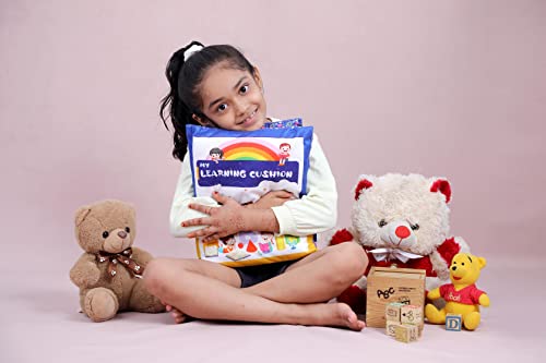 Keshav Creation Velvet Learning Cushion Pillow Book Kids with English | Alphabet, Numbers, Animal Names | Kids Learning Toys (Blue)