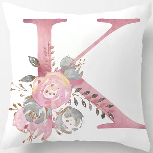 Tillskuch Pink Cushion Covers Cute Alphabet Decorative Throw Pillow Cover Square Letter Pillow Protectors for Sofa Couch Bedroom Chair Home Decor 45cm x 45cm(K)