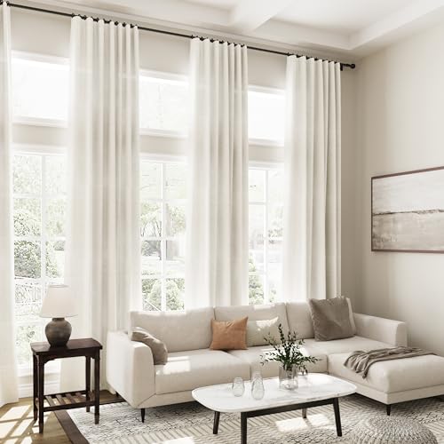 Image of 132 inch Curtains Extra Long 2 Panels Set Back Tab Neutral Farmhouse Drapes Light Filtering Semi Sheer Linen Curtain 132 inch Length for Floor to Ceiling Window Patio Sliding Door Ivory Cream 11ft
