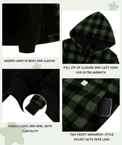 Image of V VALANCH Boys Flannel Jacket Hooded Fleece Lined Zip-up Hoodies Plaid Coat for Kids