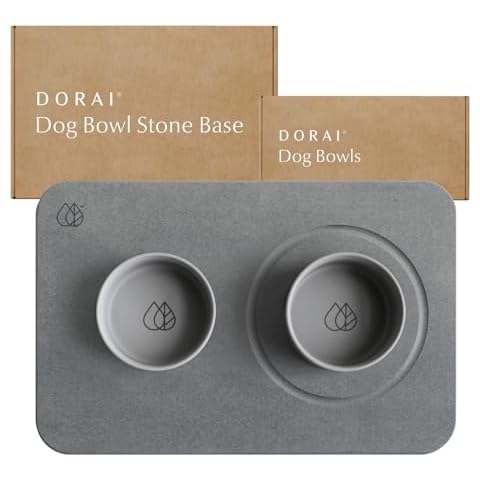 Dorai Home Dog Bowls + Stone Base Set – Modern and Stylish Pet Feeding Station – Non-Slip, Quick Drying Base with Diatomaceous Earth – Includes 2 Bowls and Base – Slate Cover