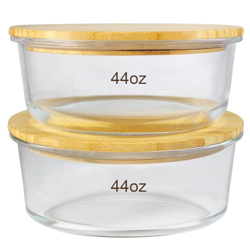 Glass Containers with Bamboo Lids, Large Glass Food Storage Container Set, Glass Food Containers with Lids, Bamboo Lid Glass Meal Prep Containers, Oven, Freezer, Microwave Safe, Pack of 2, 44oz
