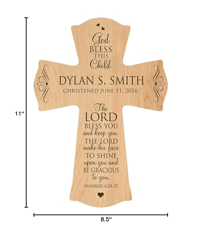 Image of LifeSong Milestones Personalized Baptism 1st Holy Communion Christening Wall Cross Decoration God Bless This Child the Lord Bless You and Keeps You (8.5 inch x 11 inch, Maple)