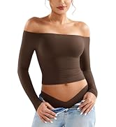 YEOREO Sophie Women Off Shoulder Long Sleeve Shirts Double Lined Basic Undershirt Y2K Going Out Tops
