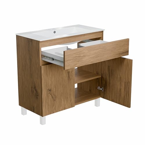 paplinskimoebel Meuble Salle de Bain 80 cm avec Vasque Ariza Sink | Meuble sous lavabo avec 1 tiroir et 2 Portes | Suspendu ou Debout | Bois Chêne