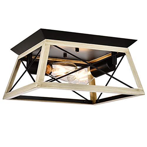 JOPON 2-Light Semi-Flush Mount Ceiling Light,12’’Farmhouse Vintage Faux Wood Grain Square Ceiling Lighting Fixtures Industrial Light Fixture for Bedroom Kitchen Foyer Hallway Stairway Entryway