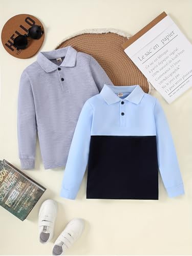 Boys Long Sleeve Polo Shirts, 2-Pack, Light Blue Color Block and Gray, 100/4 Years3