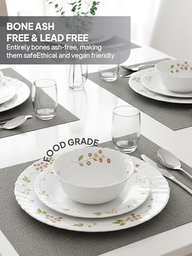 Image of CELLO Secret Garden Dazzle Series Opalware Dinner Set of 5 Pieces for Family of 2 | Bone-Ash Free & Leadfree Opal Glass, Microwave & Dishwasher Safe, Plates & Bowls Crockery Set for Dining & Gifting