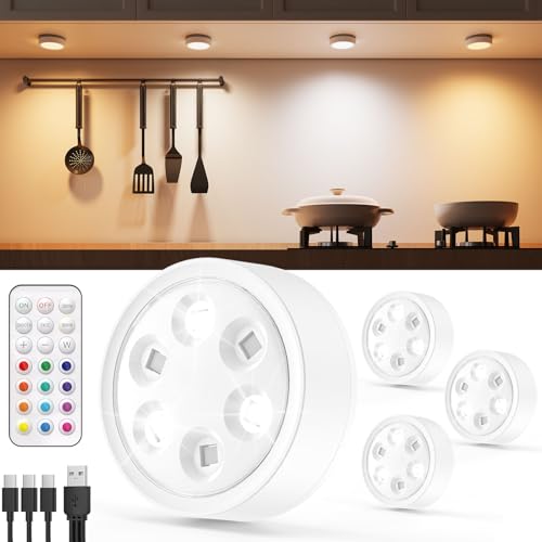 RGB LED Spot Akku USB Aufladbar, 2400mAh Batteriebetrieben Farbwechsel Vitrinenbeleuchtung Kabellos mit Fernbedienung und Timer, Dimmbar Unterbauleuchte Küche Rund Magnetisch Touch Schrankbeleuchtung
