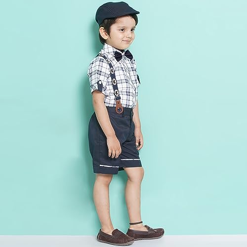 Image of AJ DEZINES Kids Cotton Blend Half Sleeve Shirt Shorts Suspender Cap Bow Tie Set For Boys