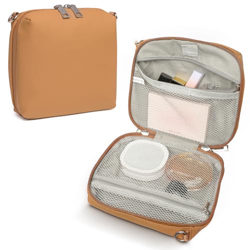 Joyway Travel Makeup Bag, Large Capacity Cosmetic Bags for Women, Waterproof Portable Pouch Open Flat Toiletry Bag Make up Organizer with Divider, Can be fitted with suspenders(Brown)