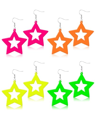 4 Pairs 80s Neon Earrings for Women Star Circular Oval Jewelry Retro Neon Dangle Earring for 80S Costume Dancing Party Accessory